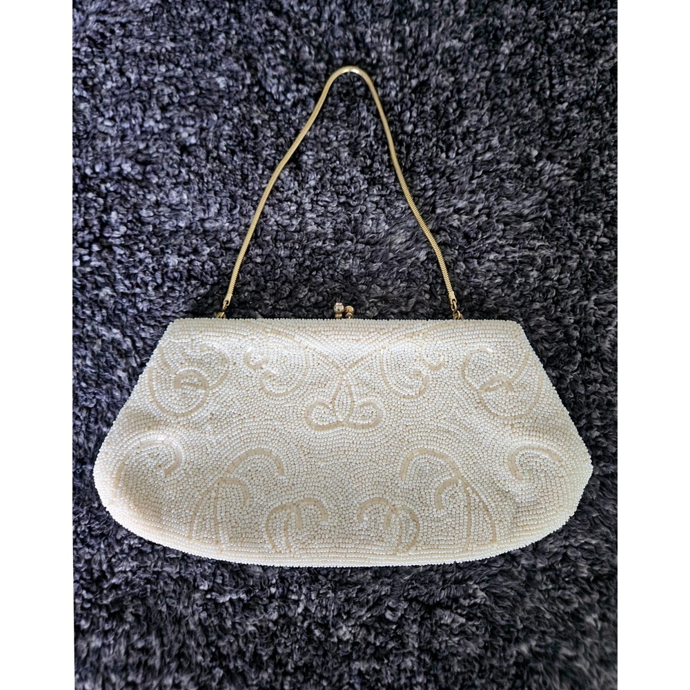 Mantessa Beaded Clutch Ivory Scroll Evening Bag Made Japan Bridal 1950 Vintage - Picture 3 of 7
